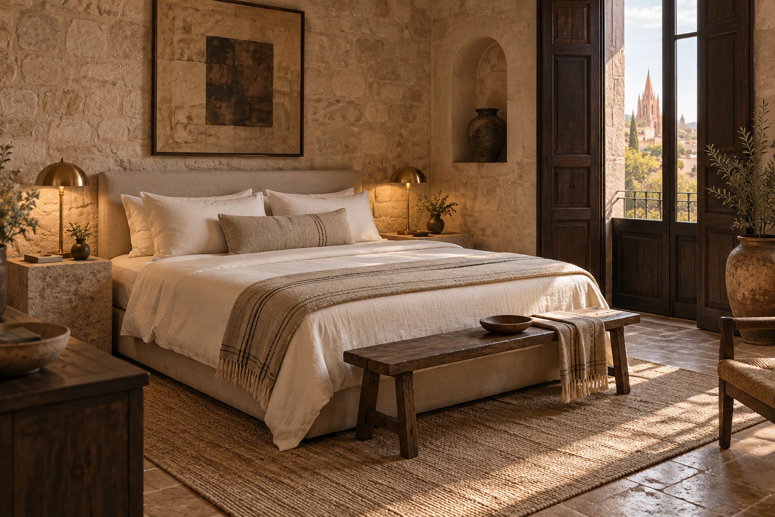 Habitación de Casa Umbral con cama de lino, piedra y textiles artesanales